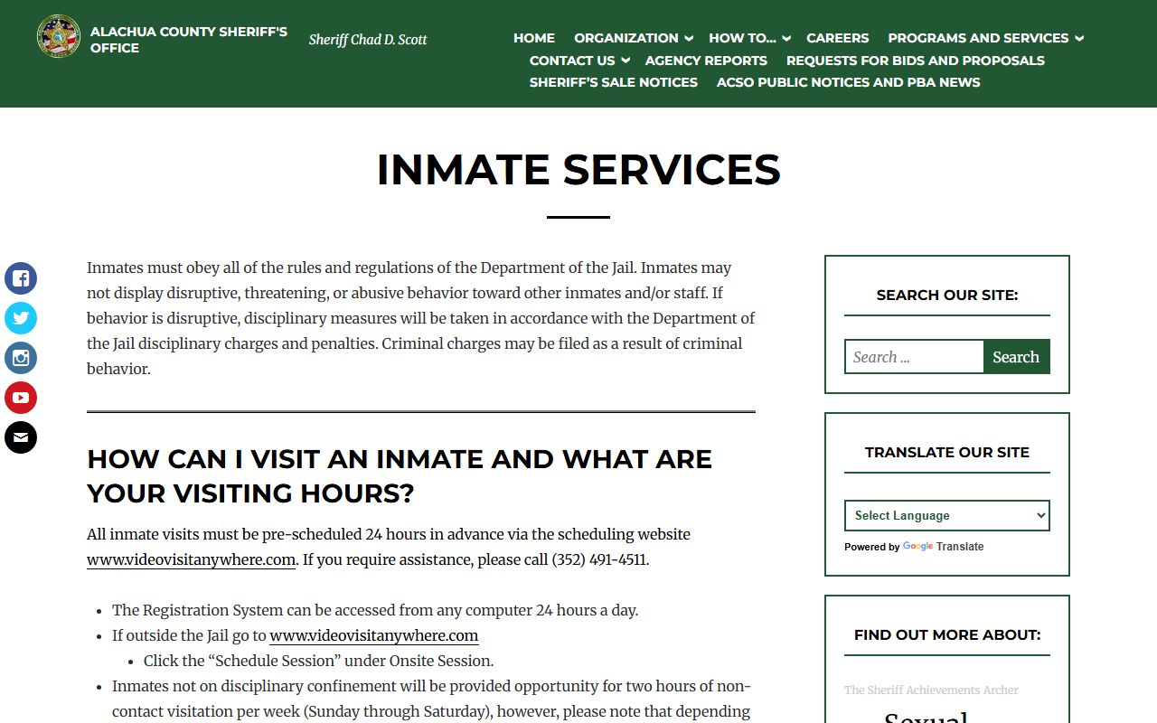 Alachua County Department of the Jail inmate services page for visitation, mail, phone, and money
