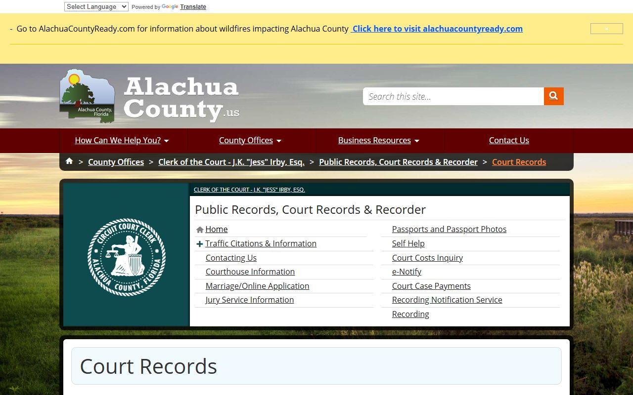 Alachua County Clerk court records page explaining online access after an arrest