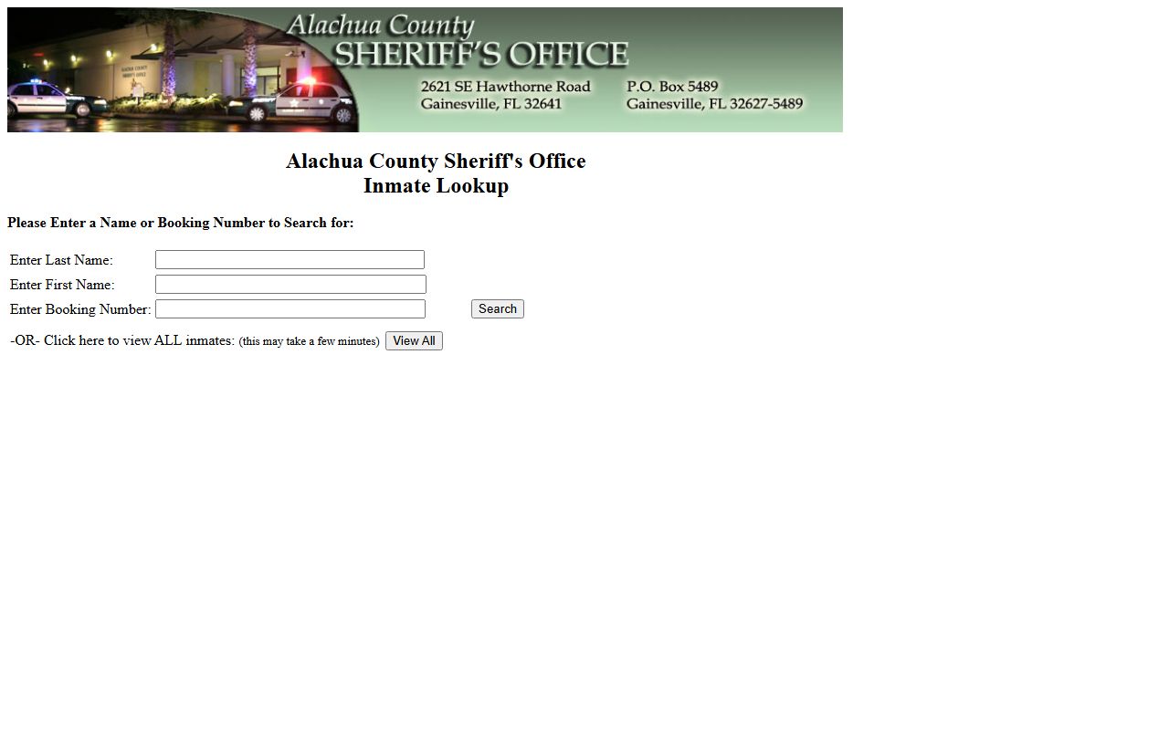 Alachua County jail inmate lookup form with last name, first name, booking number, and view-all controls