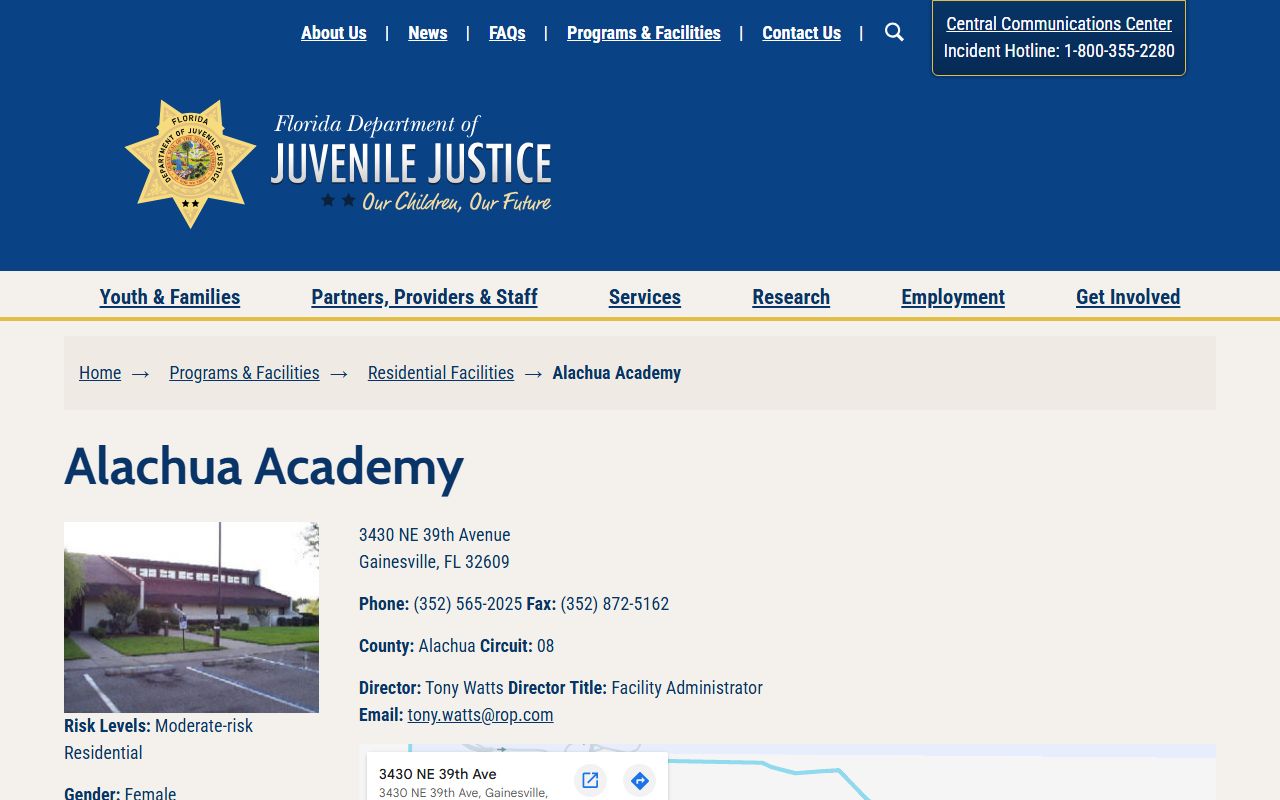 Florida DJJ page for Alachua Academy residential program in Alachua County