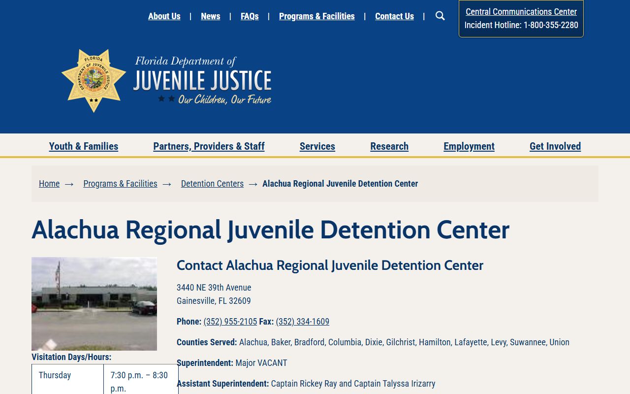 Florida DJJ page for the Alachua Regional Juvenile Detention Center in Alachua County