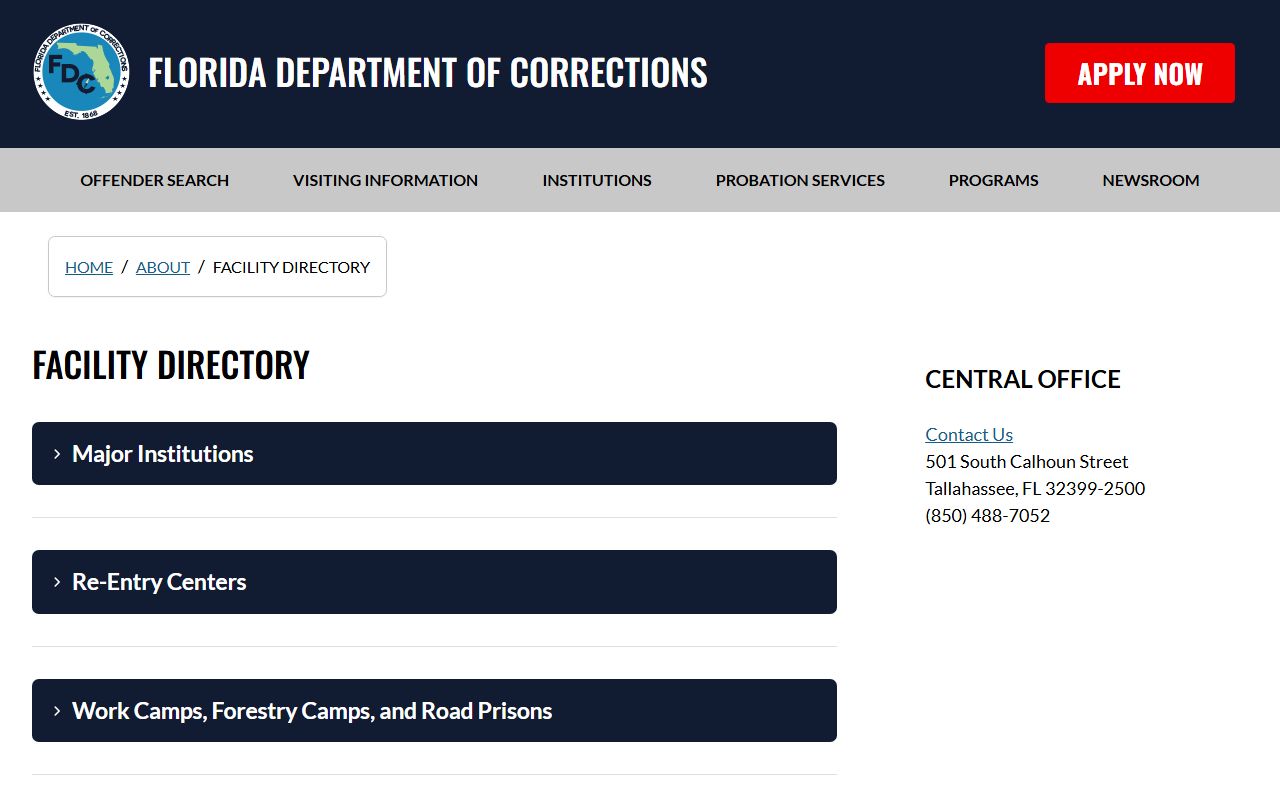 Florida Department of Corrections facility directory listing Gainesville Work Camp and Bridges of Santa Fe